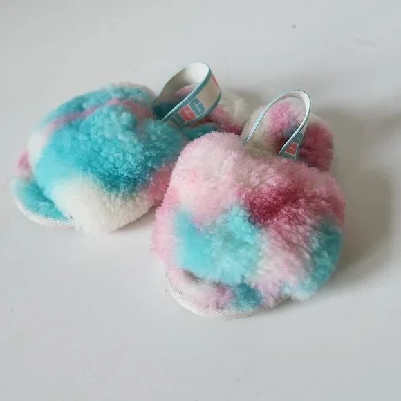 UGG | Slipper Cotton Candy Kids Fluff Yeah Fur Pink Blue baby Sz 8 - Picture 2 of 4